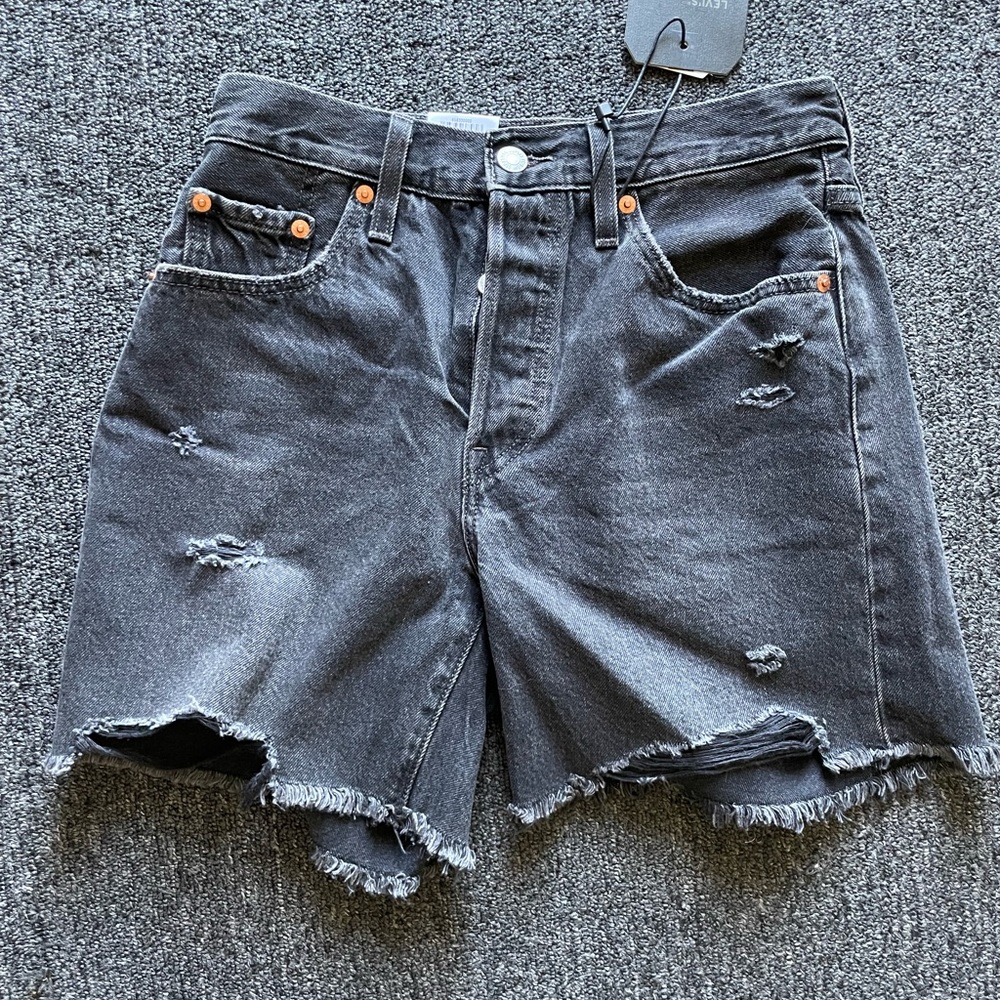 Levis Mid Thigh Black Distressed Shorts 25